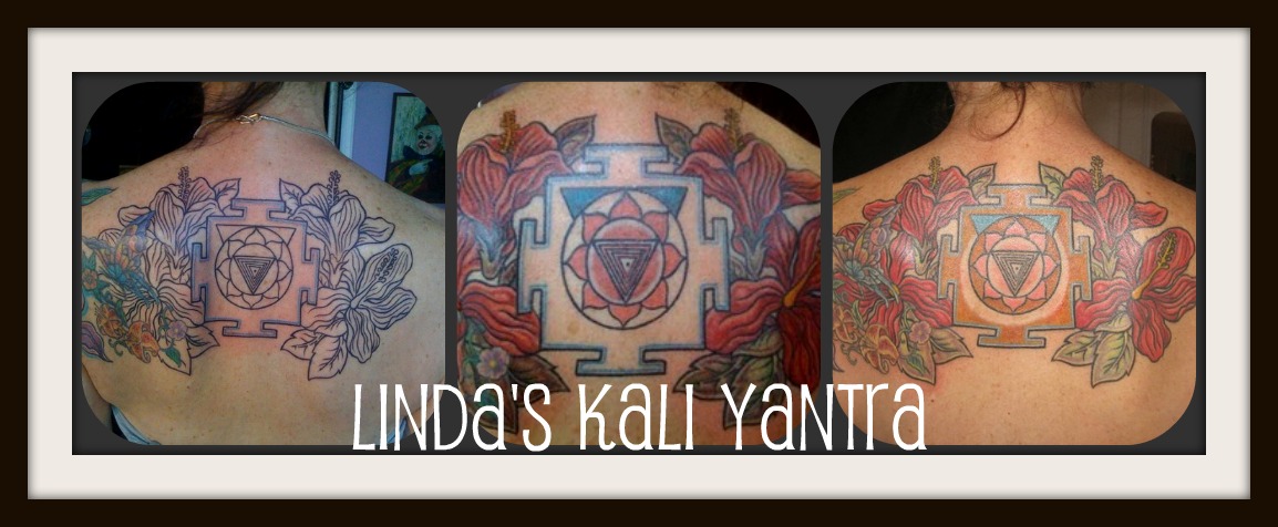 The tattoo in the center of Linda's shoulder blades is the Kali yantra.